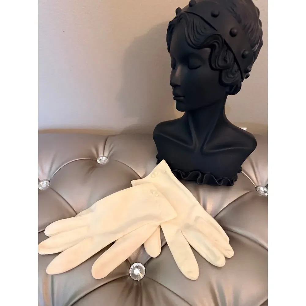 Vintage 1950's Ladies Ivory Dress Gloves Scalloped Cuffs Miniature Bow Accents